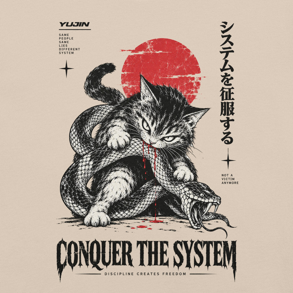 Close-up of Conquer the System Cat T-Shirt artwork on Soft Cream