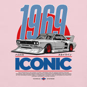 Vintage car illustration with '1969' and 'Iconic' text on a pink background