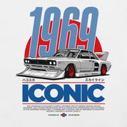 T-shirt with a graphic of a car and text on a white background