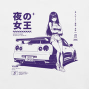 Close-up of Midnight Queen Runners Car T-Shirt artwork on White