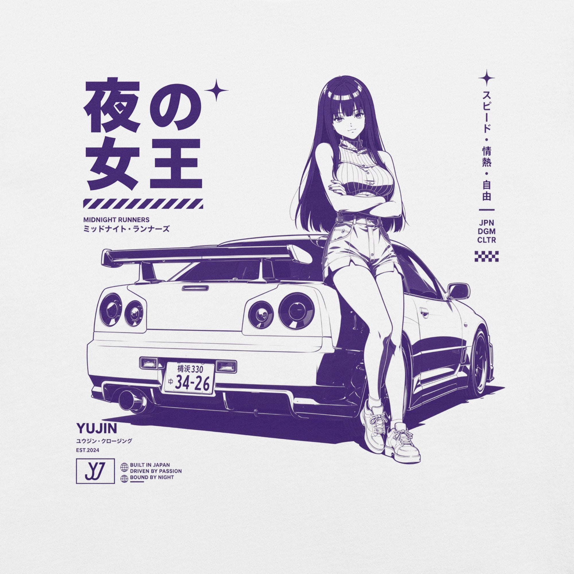 Close-up of Midnight Queen Runners Car T-Shirt artwork on White