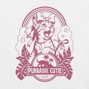 Close-up of Purrassic Cutie Cat T-Shirt artwork on White