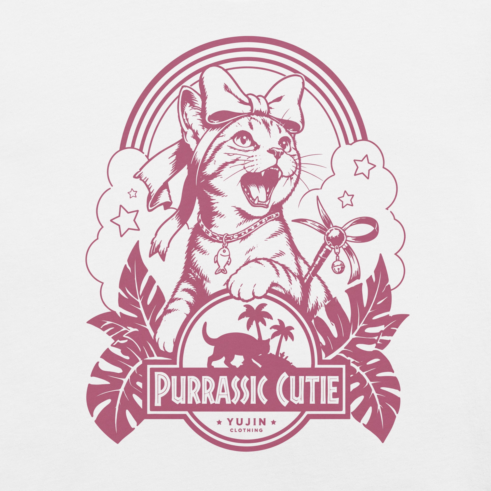 Close-up of Purrassic Cutie Cat T-Shirt artwork on White