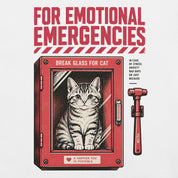Close-up of For Emotional Emergencies Cat T-Shirt artwork on White