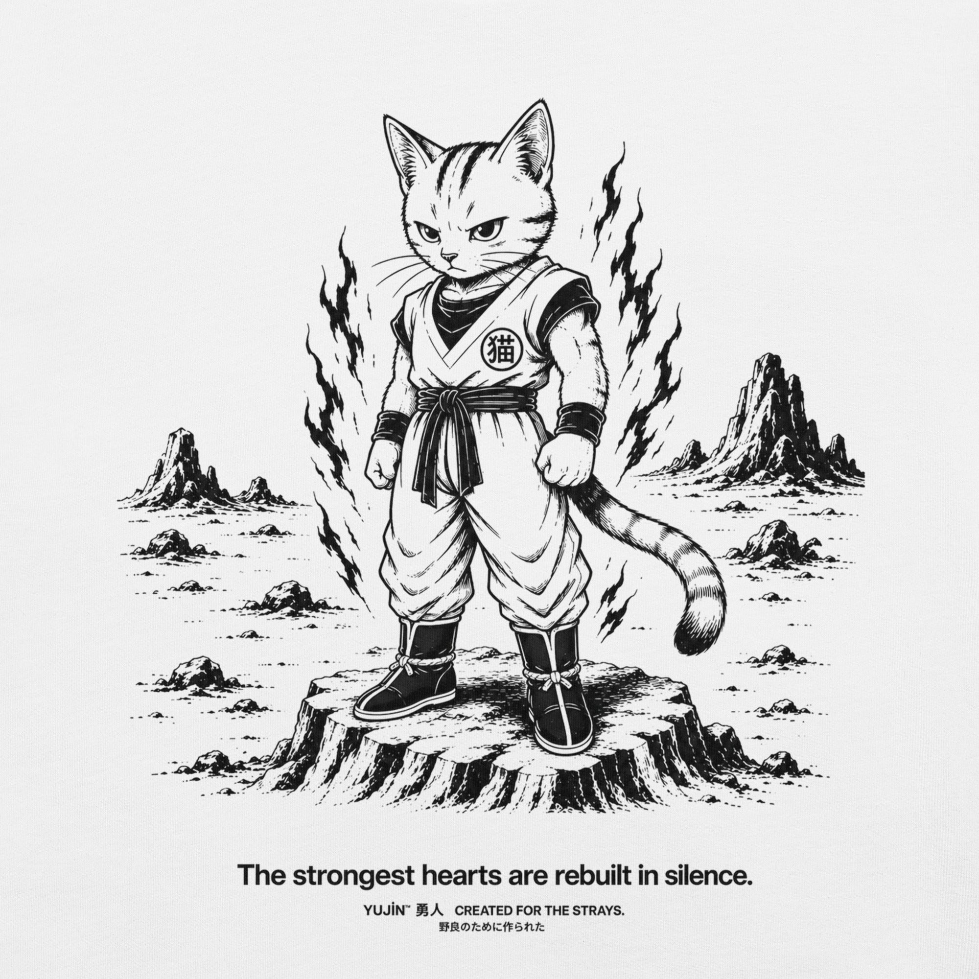 Close-up of Rebuilt in Silence Cat T-Shirt artwork on White