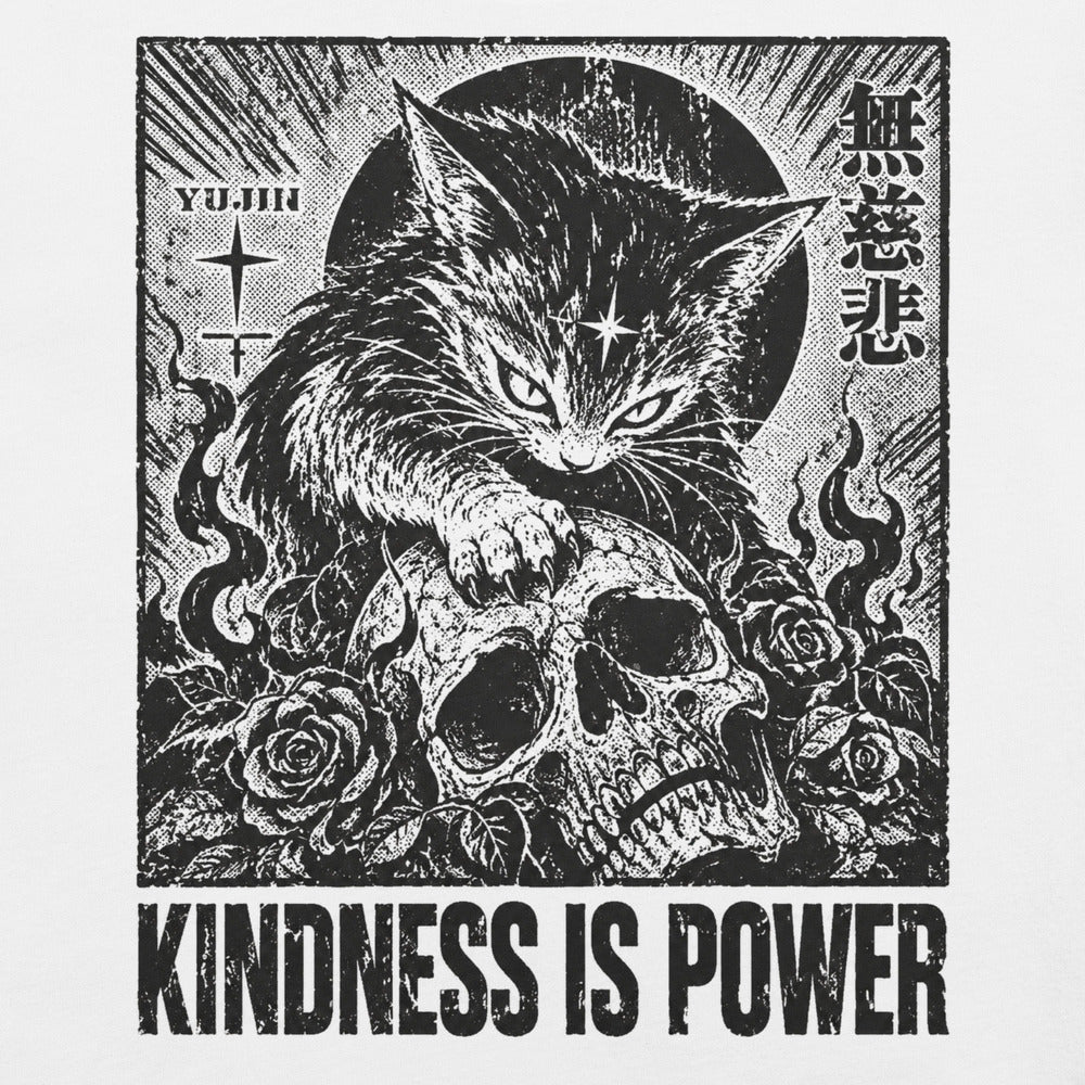 Close-up of Kindness Is Power Cat T-Shirt artwork on White