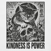 Close-up of Kindness Is Power Cat T-Shirt artwork on White