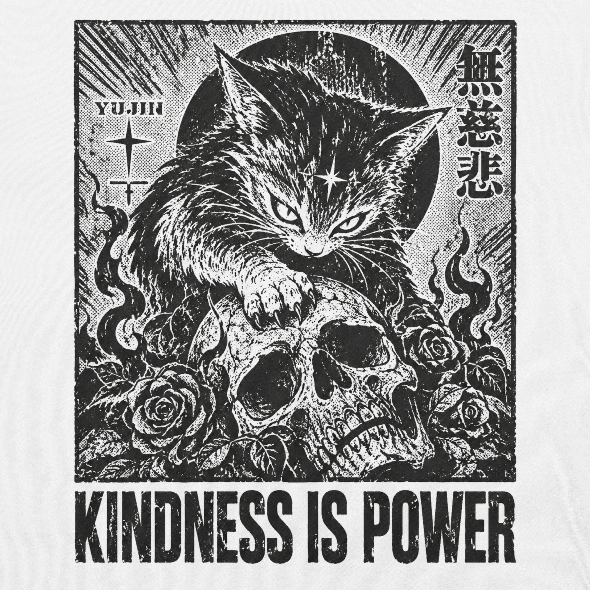 Close-up of Kindness Is Power Cat T-Shirt artwork on White