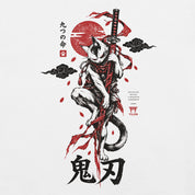 Close-up of Nine Lives Ronin Cat T-Shirt artwork on White