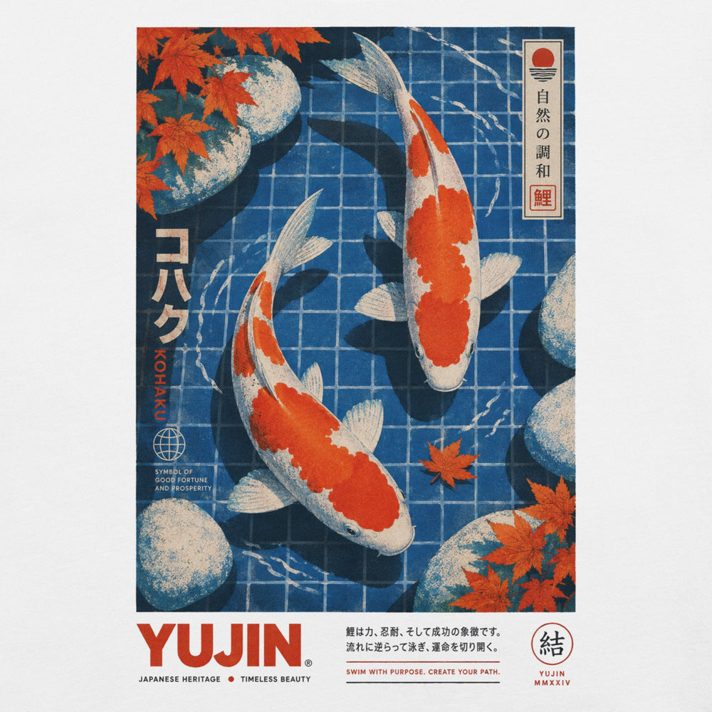 Close-up of Kohaku Koi Fish T-Shirt artwork on White