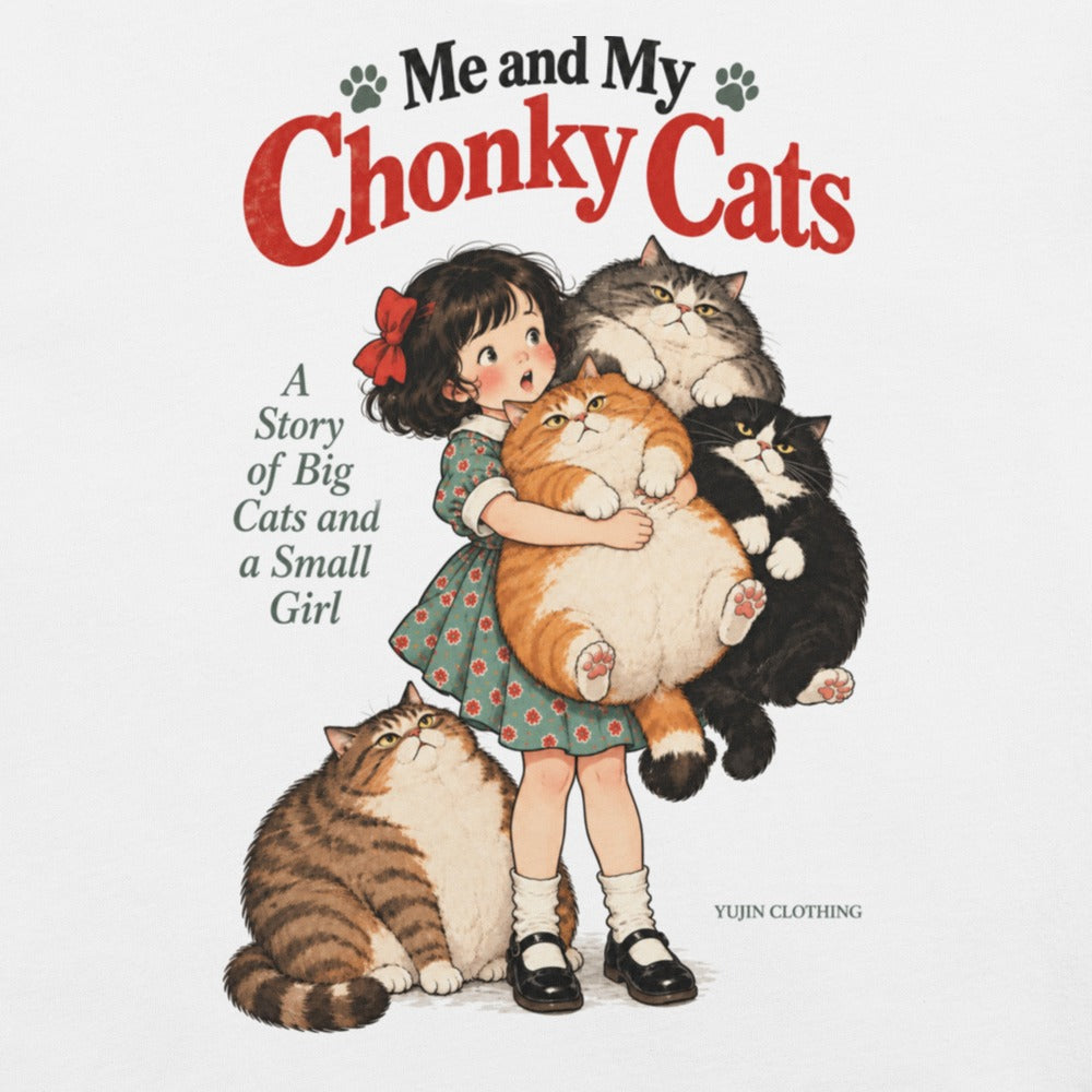 Close-up of Chonky Cuddles Cat T-Shirt in White - Printful front Zoomed in