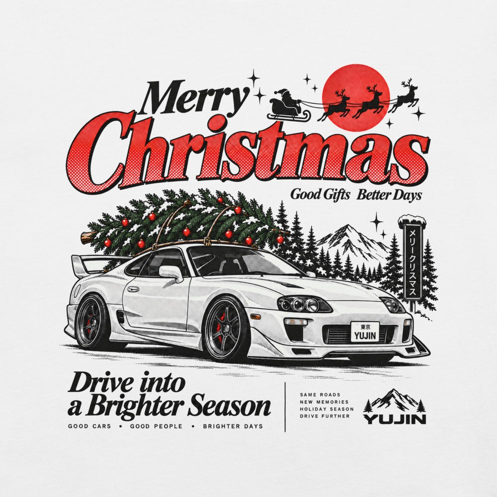 Merry Christmas Retro Car T-Shirt — White Printful front closeup