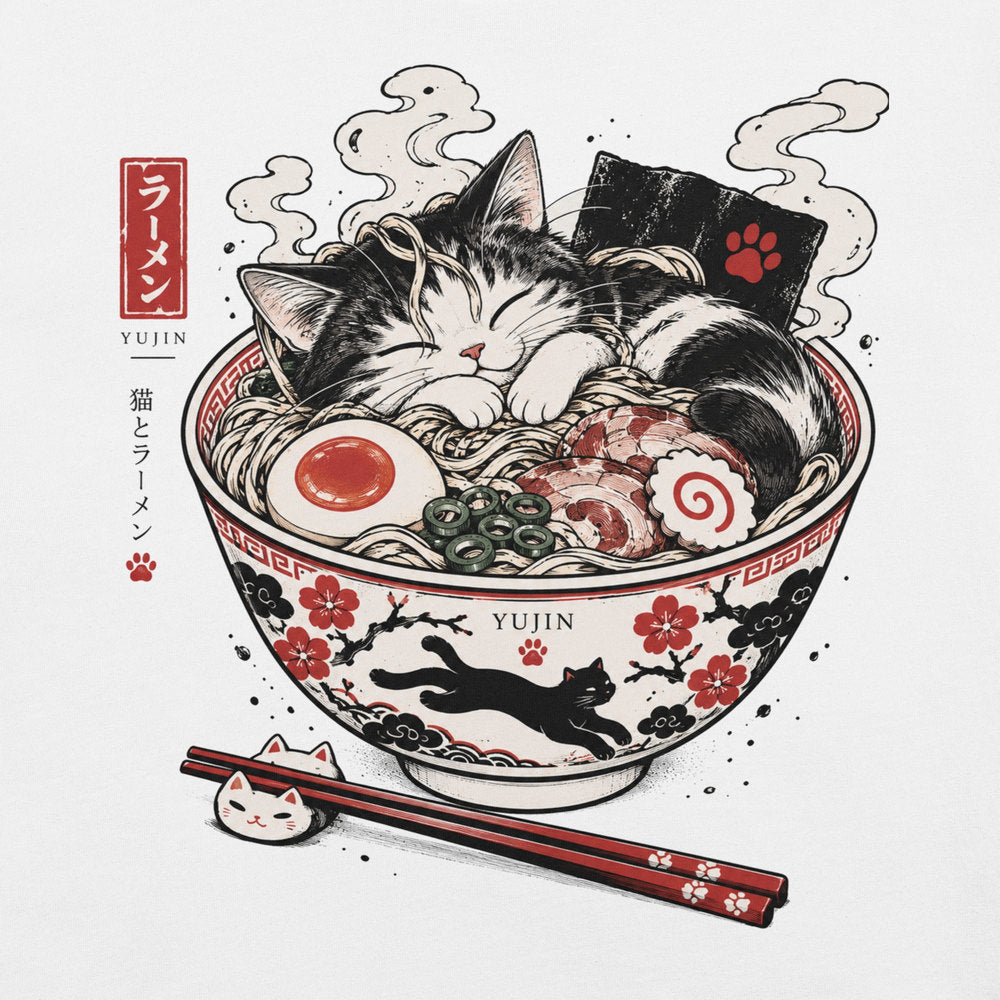 Close-up of Nap First Noodles Later Cat T-Shirt artwork on White