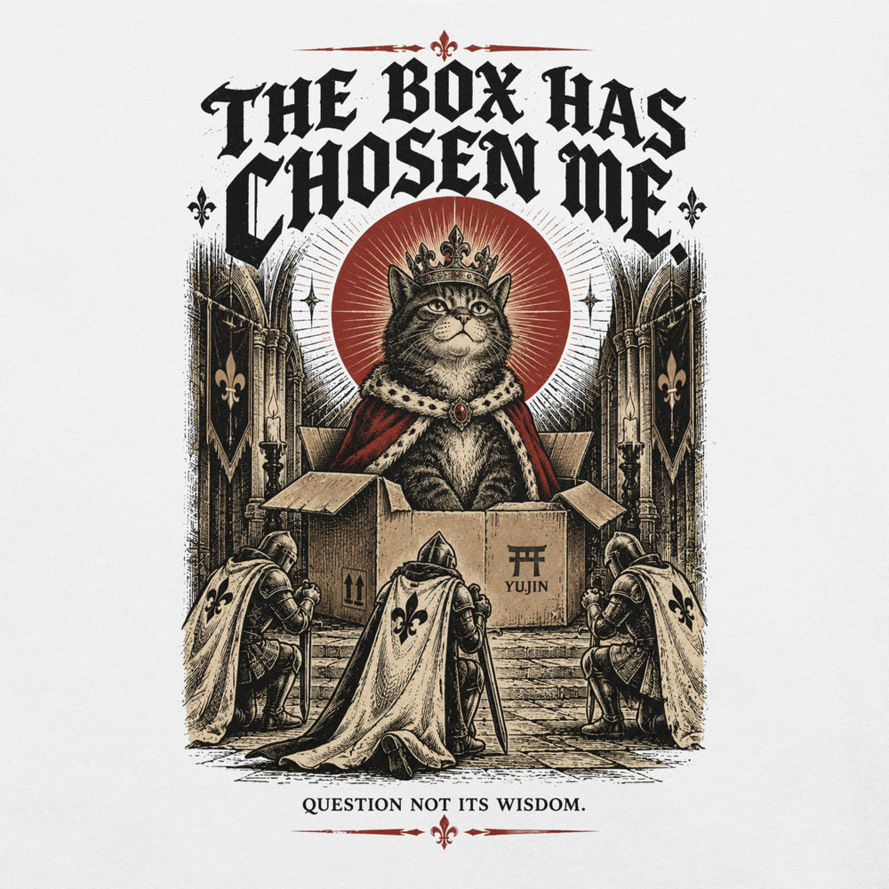 Close-up of The Box Has Chosen Me Cat T-Shirt artwork on White