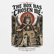 Close-up of The Box Has Chosen Me Cat T-Shirt artwork on White