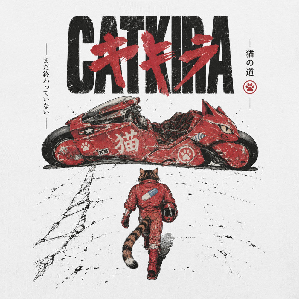 Close-up of Catkira Nine Lives One Road Cat T-Shirt artwork on White