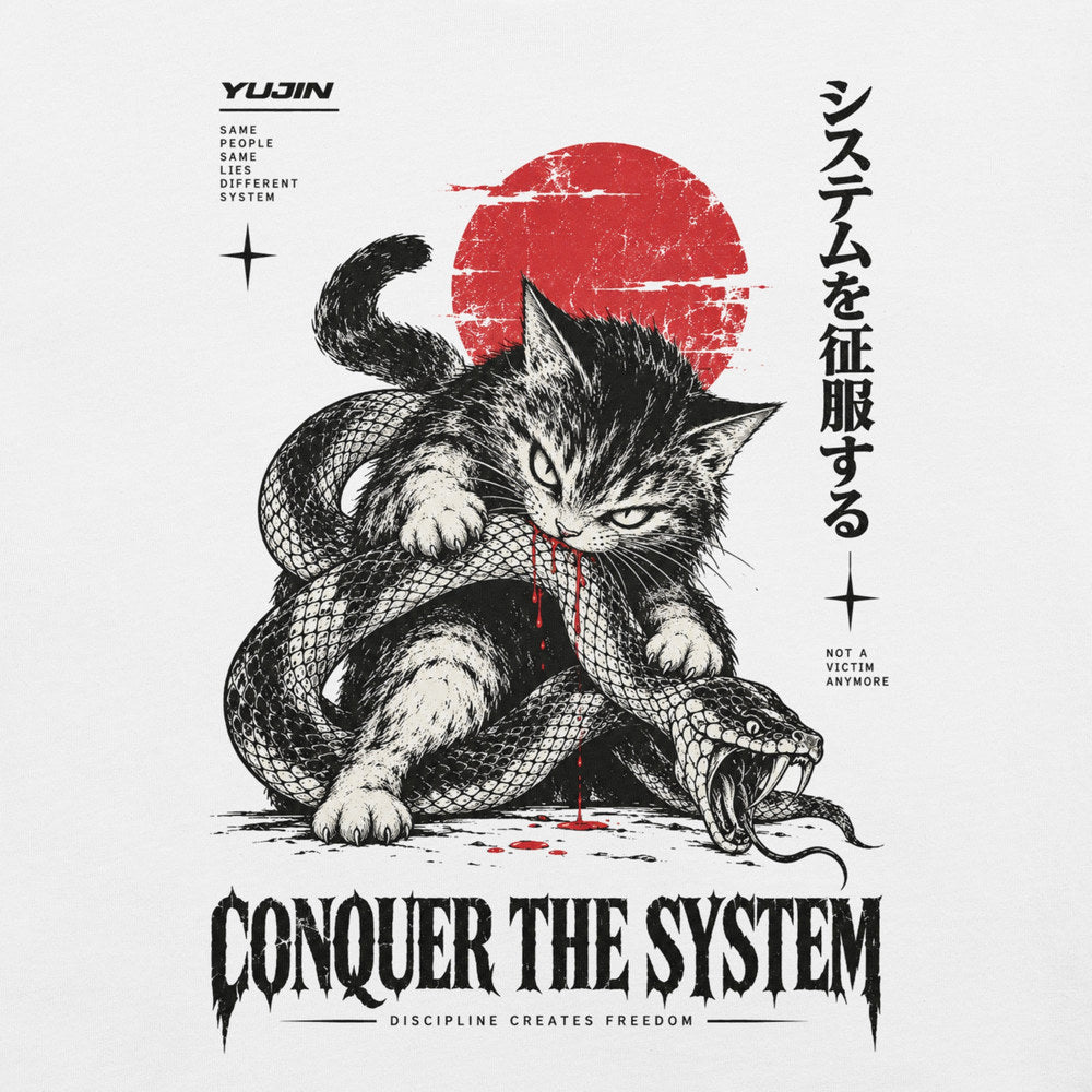 Close-up of Conquer the System Cat T-Shirt artwork on White