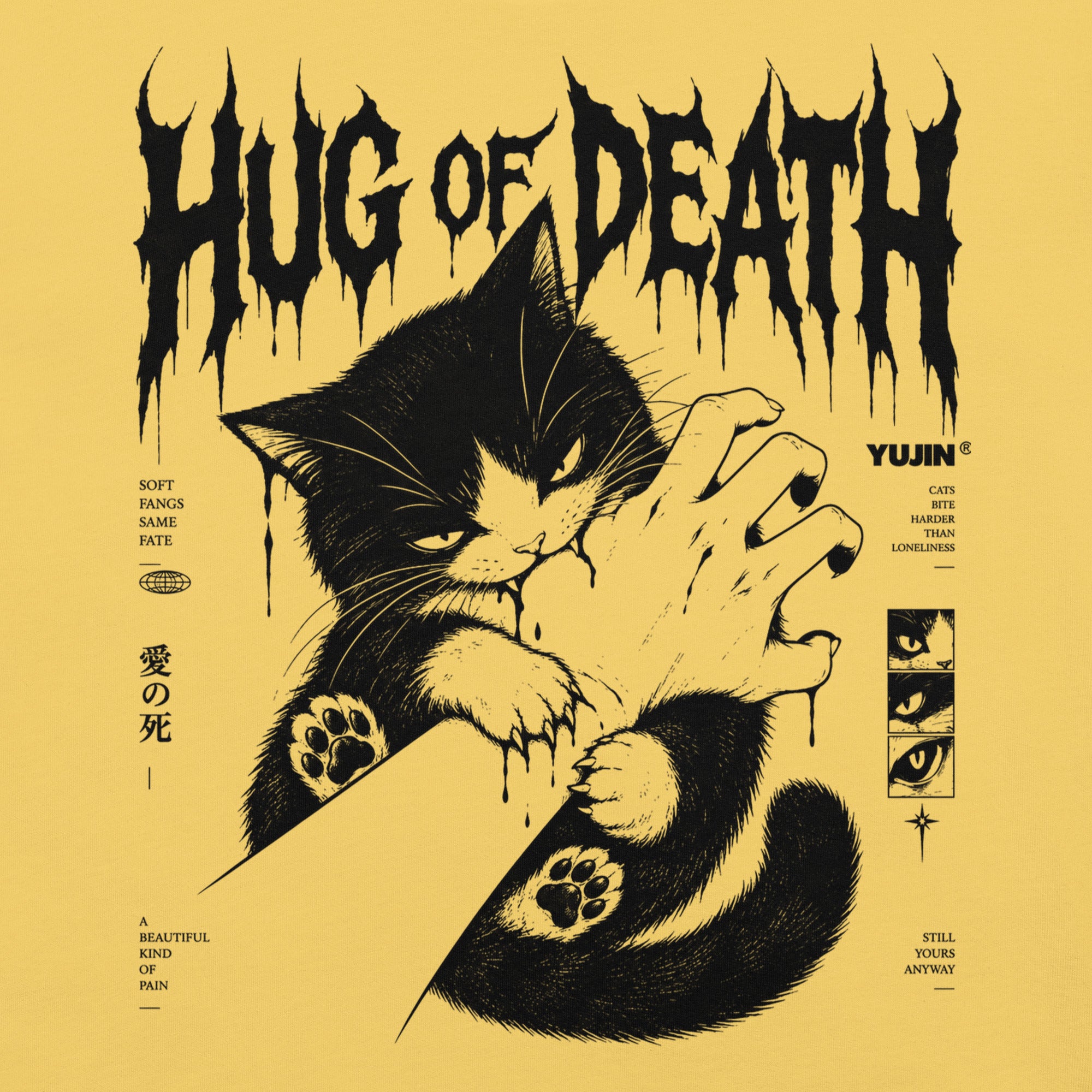 Close-up of Hug of Death Cat T-Shirt artwork on Yellow