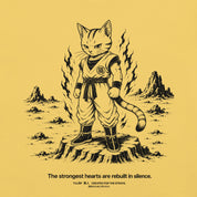 Close-up of Rebuilt in Silence Cat T-Shirt artwork on Yellow