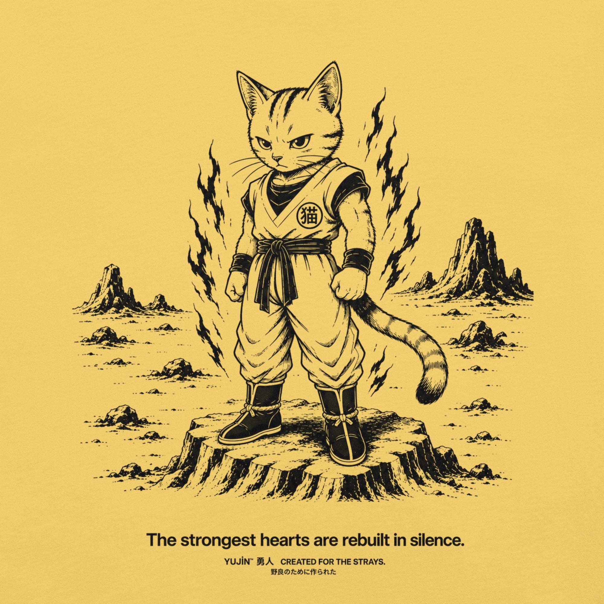 Close-up of Rebuilt in Silence Cat T-Shirt artwork on Yellow