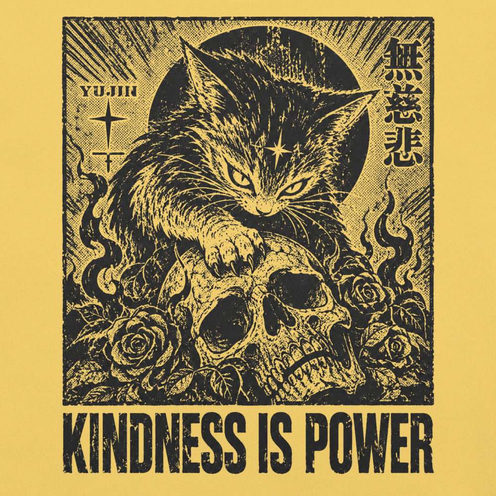 Close-up of Kindness Is Power Cat T-Shirt artwork on Yellow