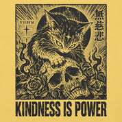 Close-up of Kindness Is Power Cat T-Shirt artwork on Yellow