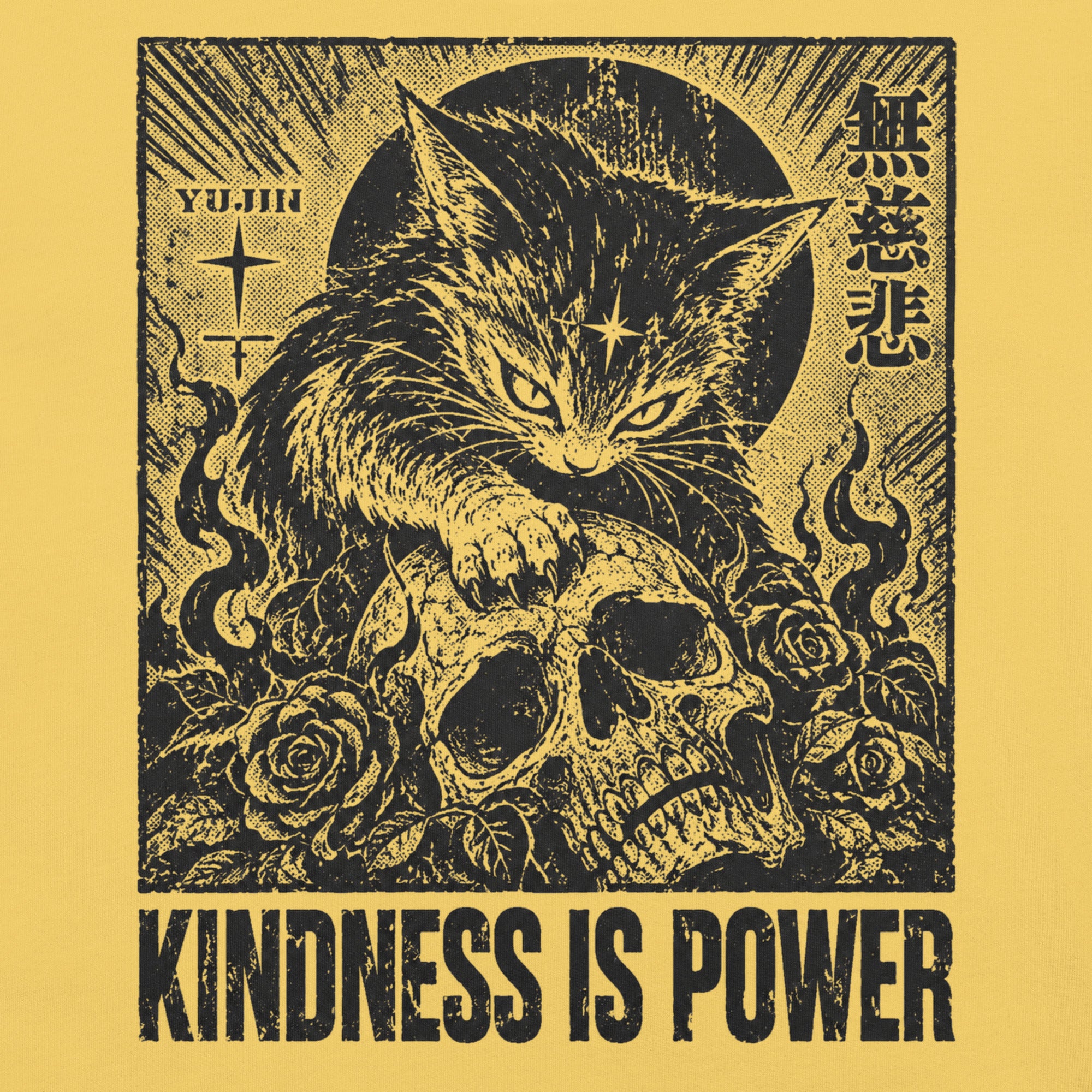 Close-up of Kindness Is Power Cat T-Shirt artwork on Yellow