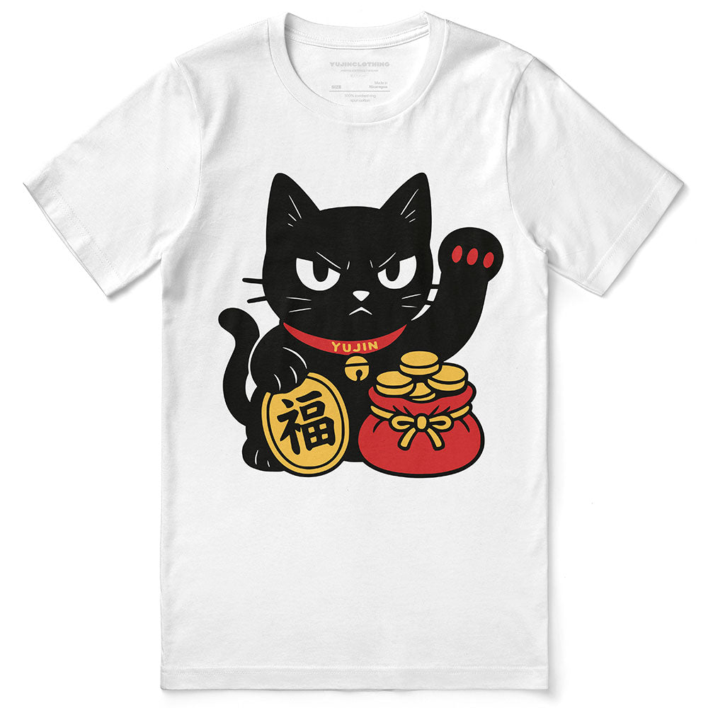 White t-shirt with a black cat graphic holding a bag of gold and a coin, on a white background.