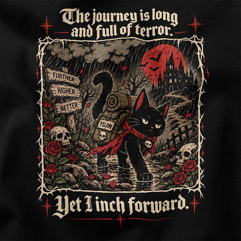 Yet I Inch Forward Cat T-Shirt — black closeup